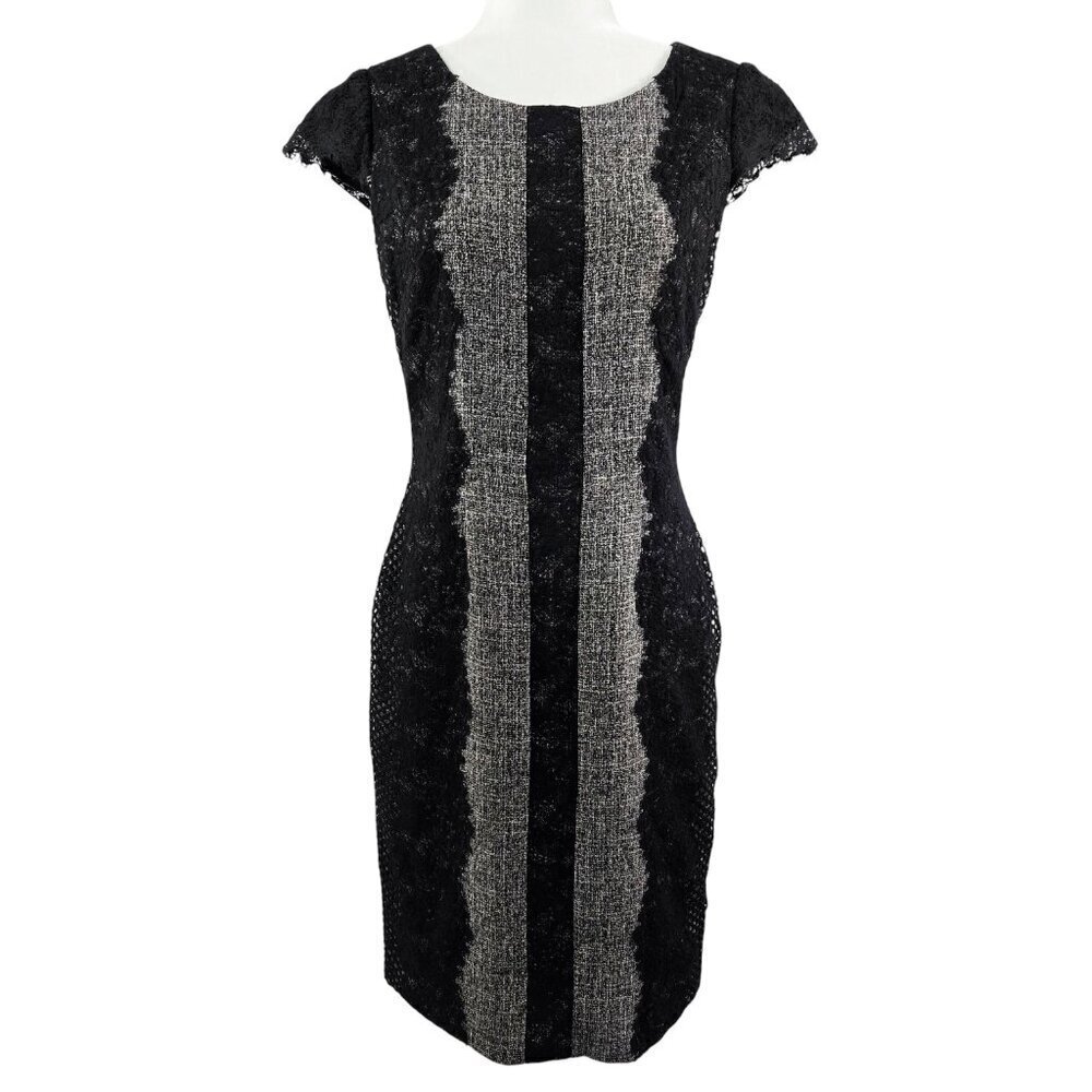 Betsey Johnson Black Gray Tweed Look Lace Panel Cap Sleeve Sheath Dress Cocktail